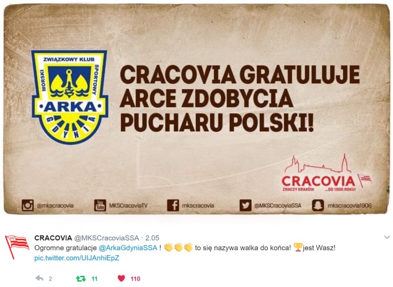 Twitter gratuluje Arce wygranej w finale Pucharu Polski.-image