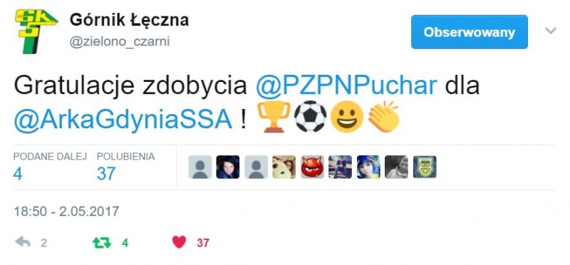 Twitter gratuluje Arce wygranej w finale Pucharu Polski.-image