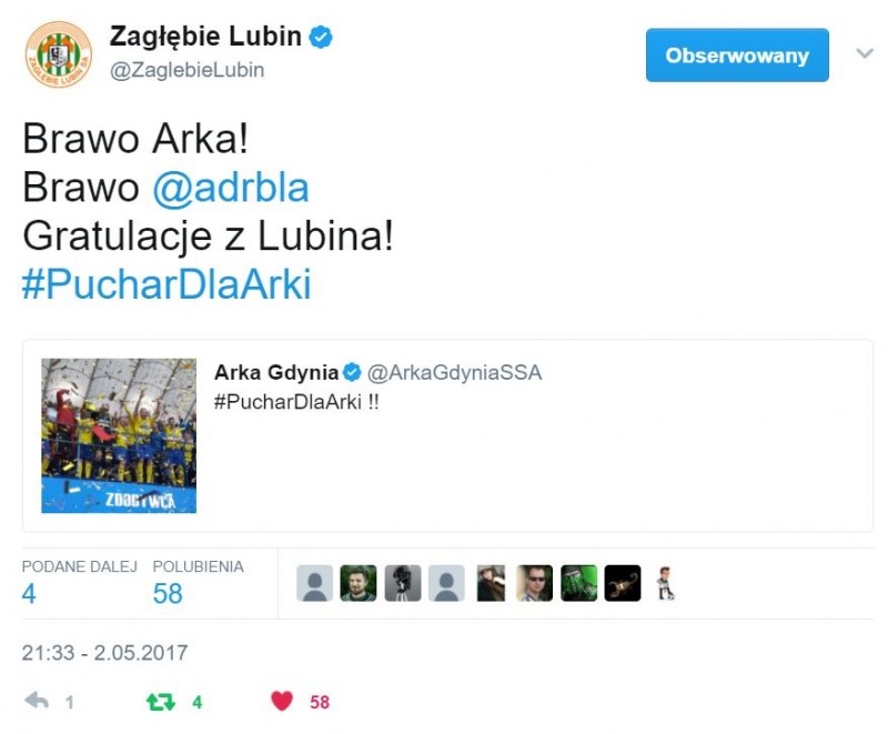 Twitter gratuluje Arce wygranej w finale Pucharu Polski.-image