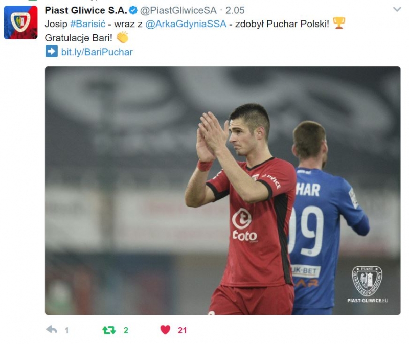 Twitter gratuluje Arce wygranej w finale Pucharu Polski.-image