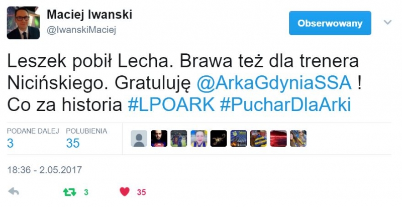 Twitter gratuluje Arce wygranej w finale Pucharu Polski.-image