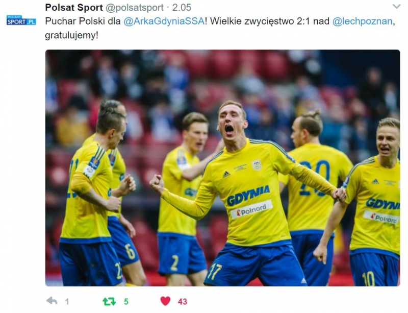 Twitter gratuluje Arce wygranej w finale Pucharu Polski.-image