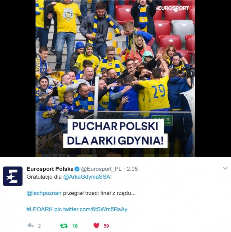 Twitter gratuluje Arce wygranej w finale Pucharu Polski.-image