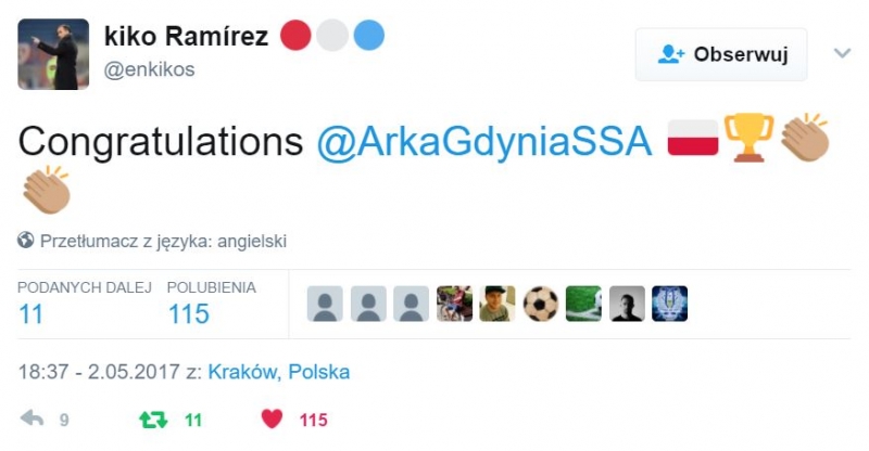 Twitter gratuluje Arce wygranej w finale Pucharu Polski.-image