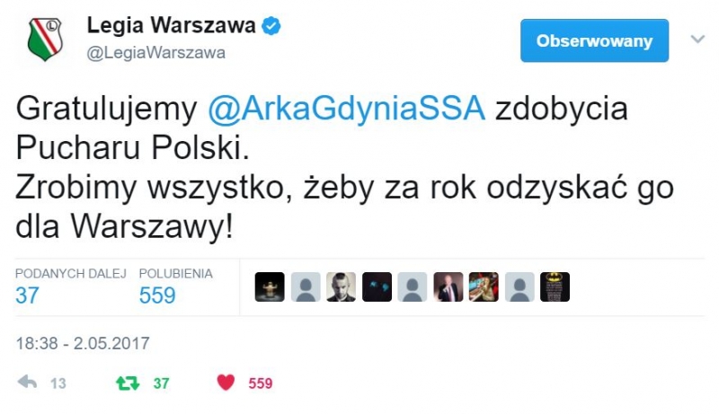 Twitter gratuluje Arce wygranej w finale Pucharu Polski.-image
