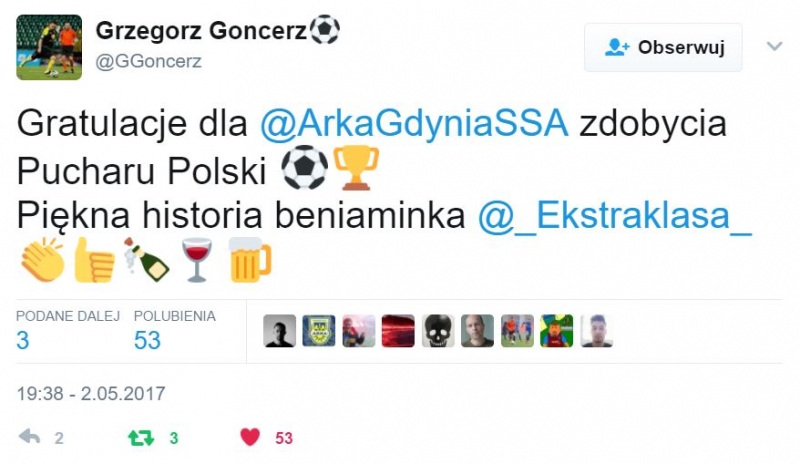 Twitter gratuluje Arce wygranej w finale Pucharu Polski.-image