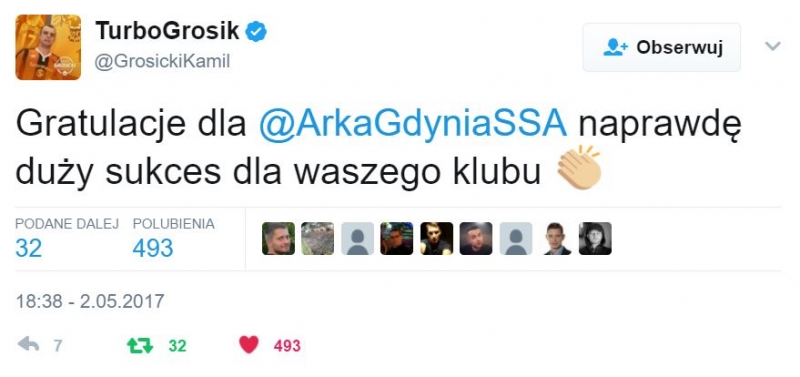 Twitter gratuluje Arce wygranej w finale Pucharu Polski.-image