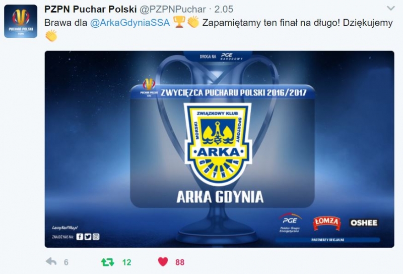 Twitter gratuluje Arce wygranej w finale Pucharu Polski.-image