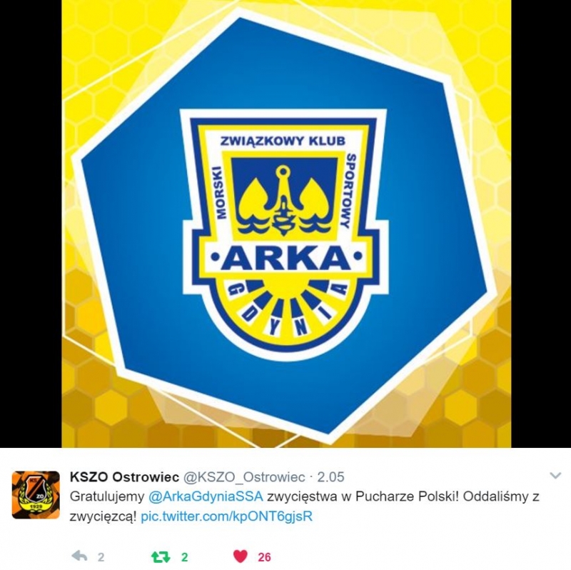 Twitter gratuluje Arce wygranej w finale Pucharu Polski.-image