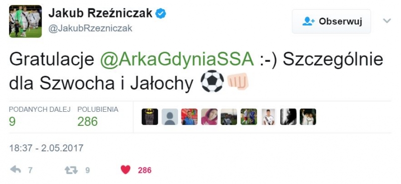 Twitter gratuluje Arce wygranej w finale Pucharu Polski.-image