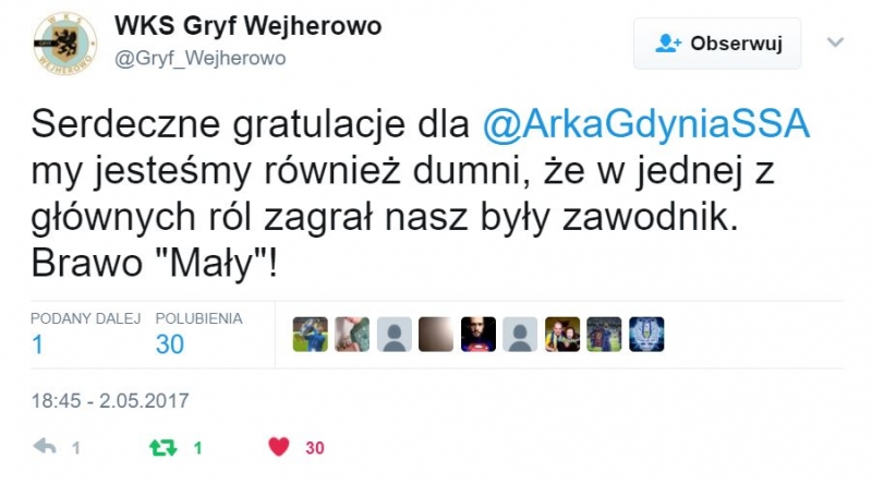 Twitter gratuluje Arce wygranej w finale Pucharu Polski.-image