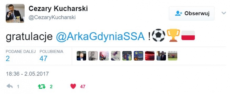 Twitter gratuluje Arce wygranej w finale Pucharu Polski.-image