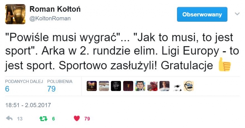 Twitter gratuluje Arce wygranej w finale Pucharu Polski.-image