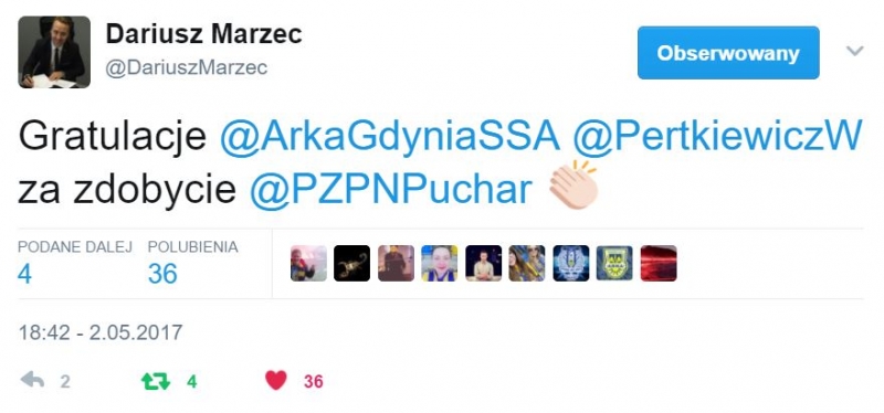 Twitter gratuluje Arce wygranej w finale Pucharu Polski.-image