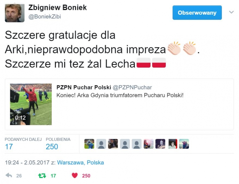 Twitter gratuluje Arce wygranej w finale Pucharu Polski.-image